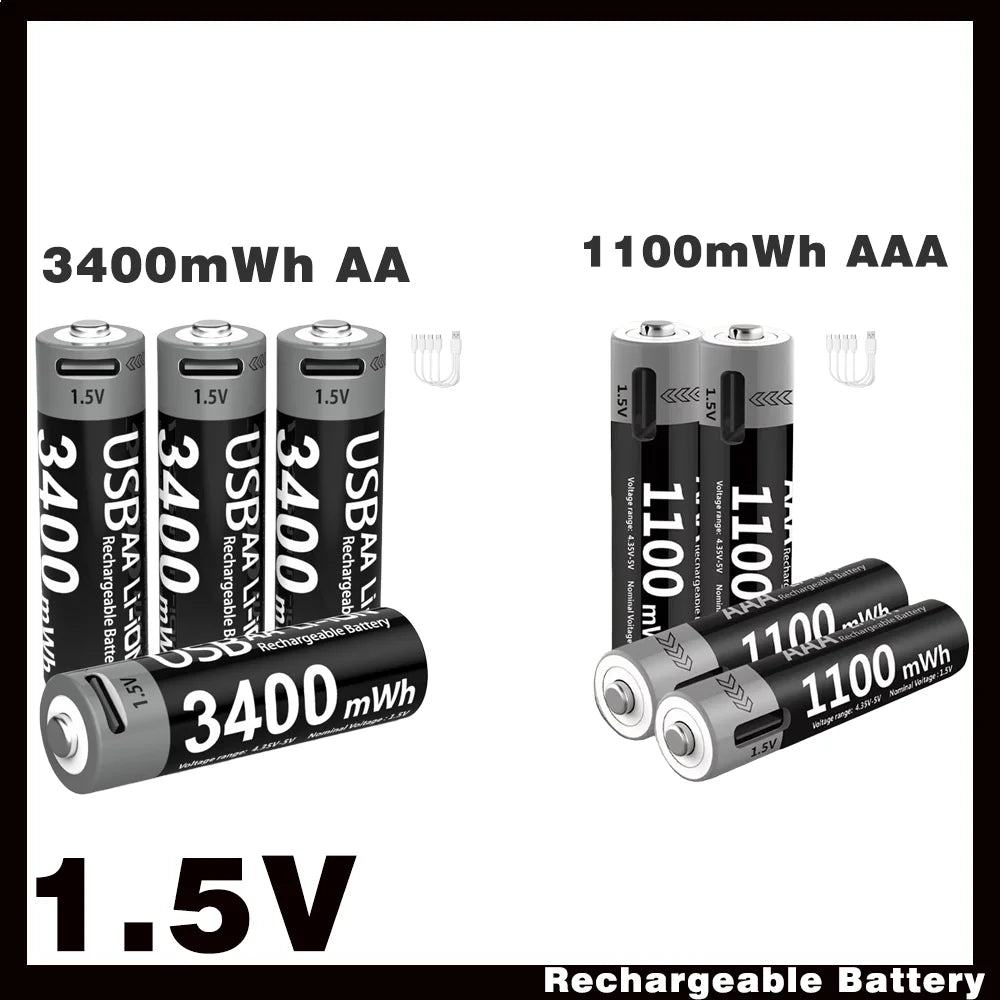 Li-ion AAA and AA Rechargeable Batteries USB Lithium-ion 3400mWh 1.5V AA Rechargeable Batteries+1100mWh 1.5V AAA Battery Oasis Select