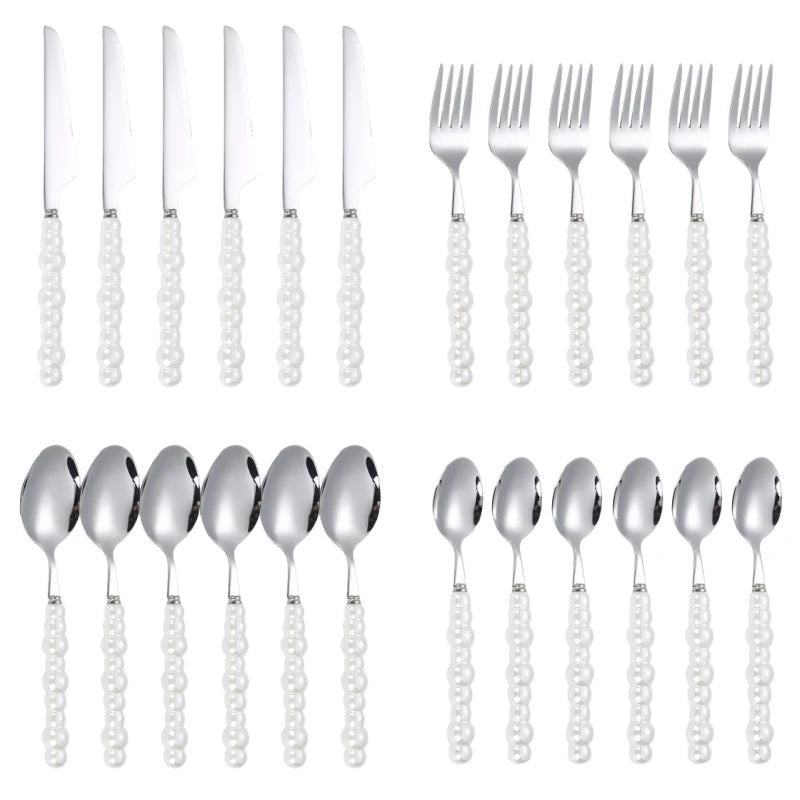 24-Piece Pearl Handle Stainless Steel Cutlery Luxury Forged Knife Fork Spoon Shell Spoon Kits Dessert Steak Dining Tableware Oasis Select