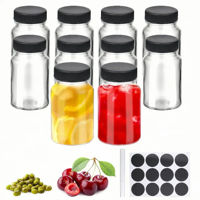 6Pcs Thickened Transparent Mini Glass Bottle with Black Sealed Lid, Reusable Empty Travel Container for Drink Sample Storage Oasis Select
