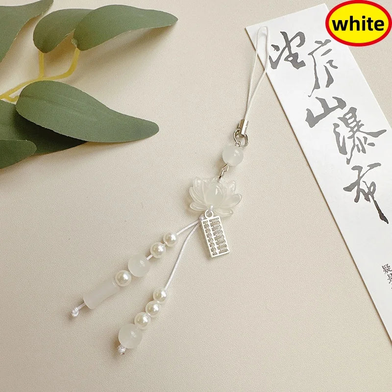 Daily Use Exquisite Phone Chain Decoration Lotuses Flower Pendant Keyring Handmade Beaded Cellphone Accessory Oasis Select white