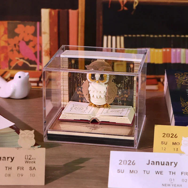 Time Piece Calendar 2026 Desk Calendar With Light 3D Magic Owl Calendar Paper Carving Art Memo Pad Notepad Gift for Christmas Oasis Select