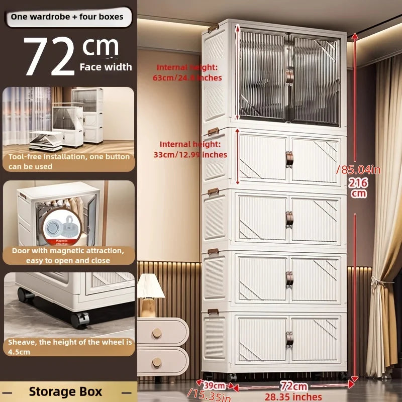 72cm Wide Foldable Storage Cabinet with Rolling Wheelsfor Clothes/Toys – Bedroom/Living Room/Bathroom Organization Oasis Select 1 Cabinet 4 Boxes