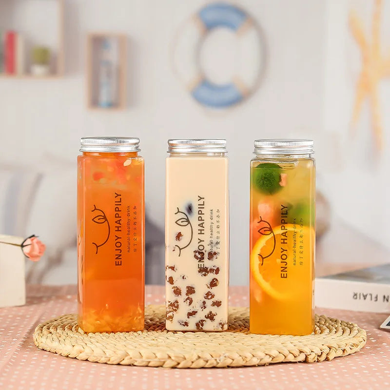 10 Pack 500ml Square Clear PET Bottles with Lids & Straws, Reusable Leakproof Cups for Milk Tea Juice Takeout Party Celebrations Oasis Select
