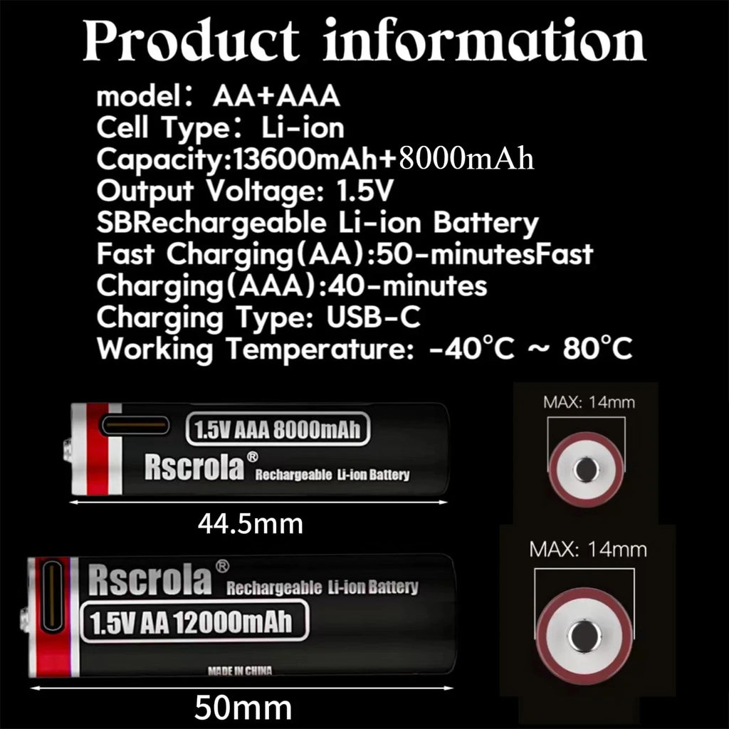 New 1.5V Li-ion AA12000mAh&AAA 8000mAh Rechargeable Batteries USB Lithium-ion Suitable for mouse, flashlight, keyboard monitorin Oasis Select