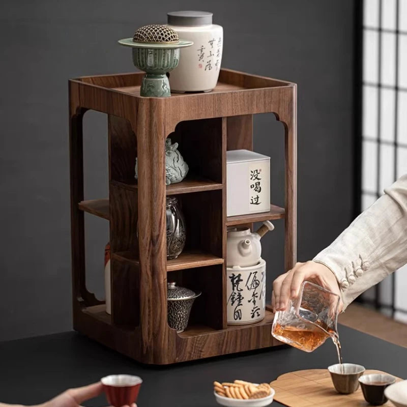 Walnut Storage Rack Tea Storage Cabinet Living Room Small Antique Rack Chinese Rotating Tea Set Display Cabinet Oasis Select