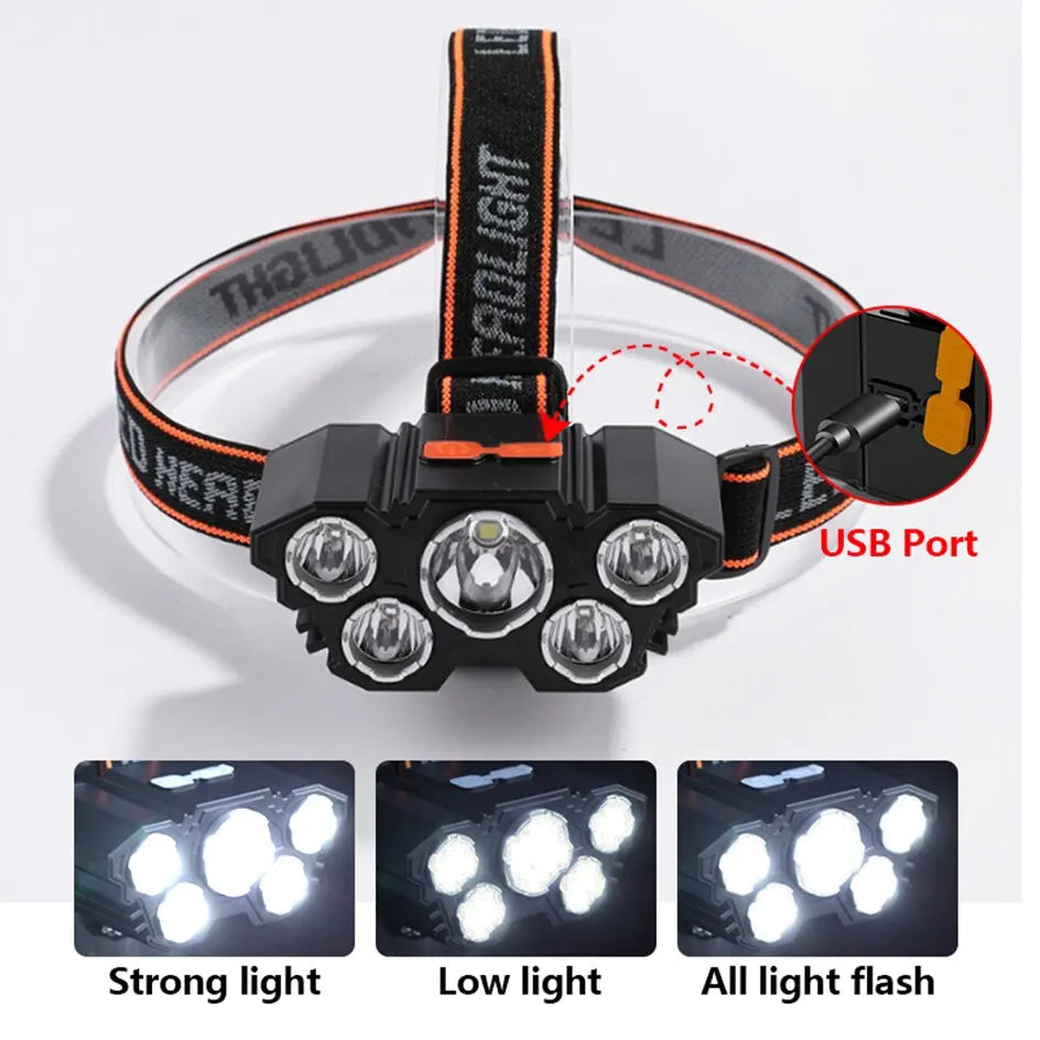 5 LED Headlamp Rechargeable with Built in 18650 Battery Strong Light Headlight Camping Adventure Fishing Head Light Flashlight Oasis Select