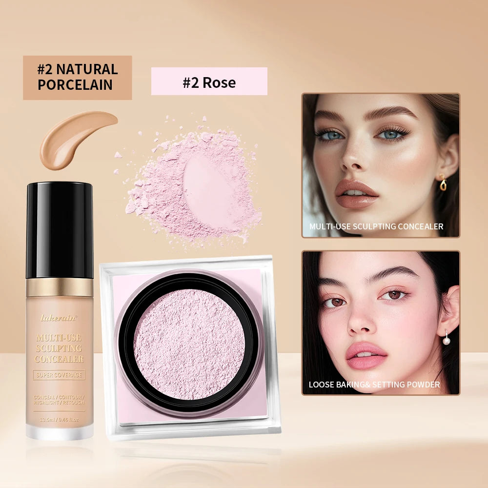 2pcs Face Makeup Set With Concealer And Loose Setting Powder Natural Face Smooth Matte Finish Women Cosmetics Korean Makeup Oasis Select SET 5