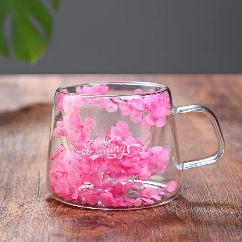 200ml Double Walled Glass Mug Cup Coffee Mug with Dry Flowers Decorative Creative Flower Mug Home Water Cup Drinking Glasses Oasis Select Pink 200ml