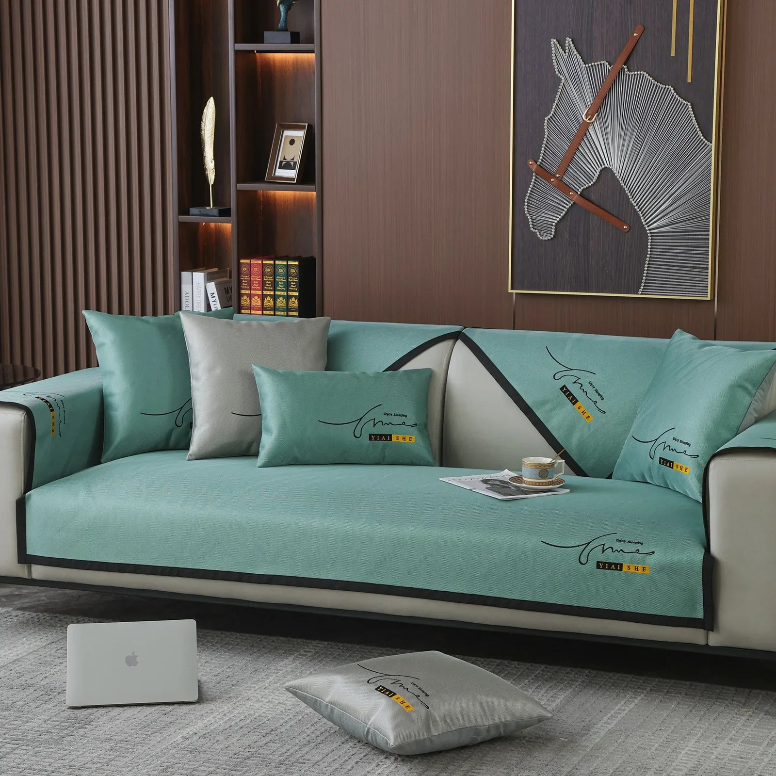 Summer New Ice Silk Sofa Cushion Embroidered Mat Cushion Simple and Cool Sofa Towel Machine Washable Ice Silk Sofa Seat Oasis Select 90x180cm Green 2