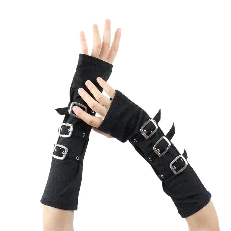 Wasteland Style Fashion Dopamine Black Abi Sleeve Set Women's Half Cut Open Finger Gloves Metal Buckle Dark Punk Ins Oasis Select Buttoned long style One Size