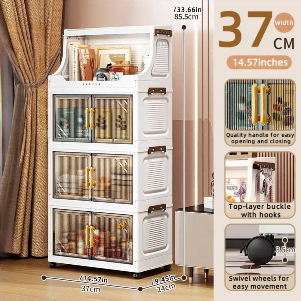Foldable Double-Door Storage Cabinet,Large Capacity Space-Saving Mobile Organizer for Bedroom&Living Room（Clothes, Toys&Snacks） Oasis Select 4 Tiers Clear Gray
