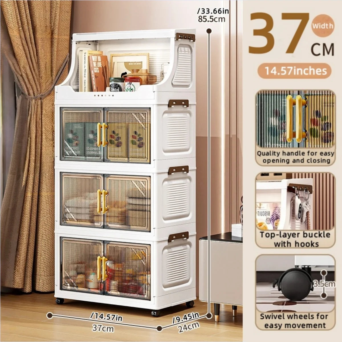 Foldable Double-Door Storage Cabinet,Large Capacity Space-Saving Mobile Organizer for Bedroom&Living Room（Clothes, Toys&Snacks） Oasis Select 4 Tiers Clear Gray