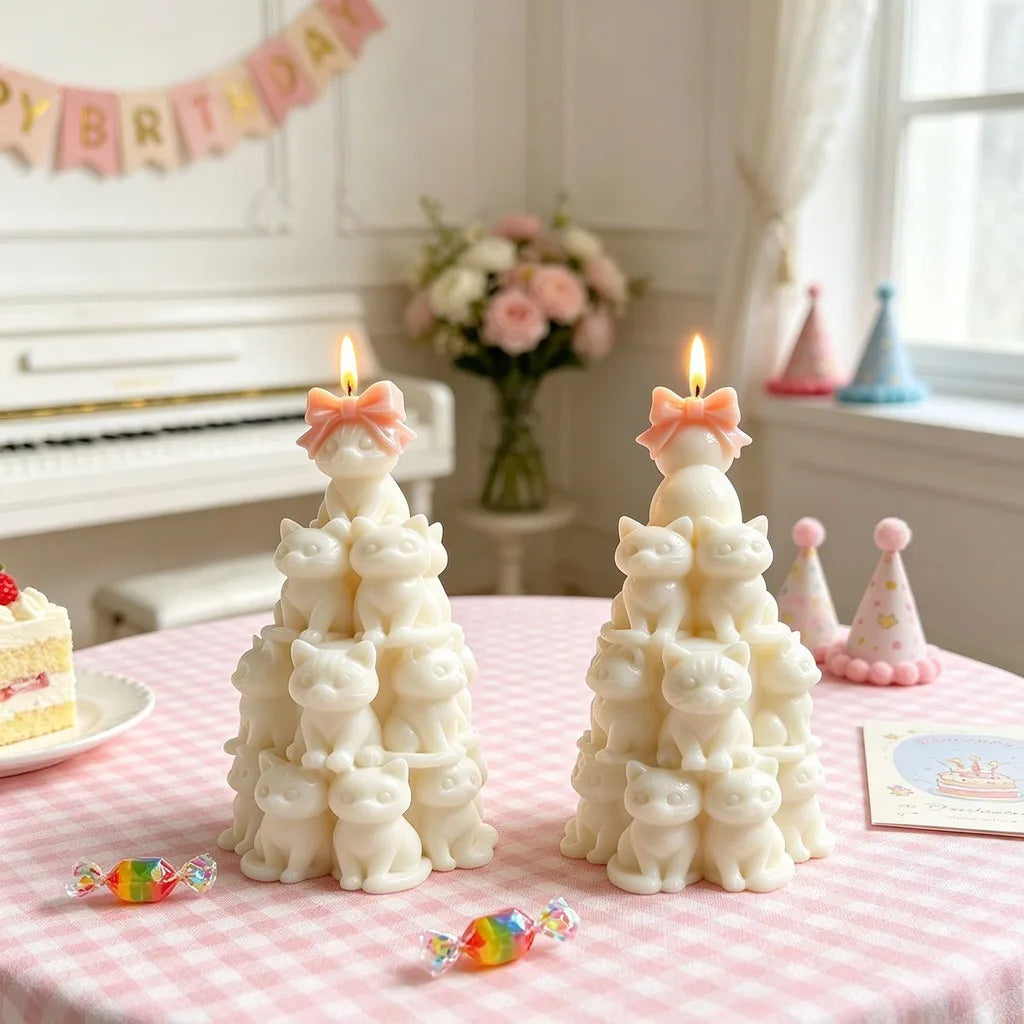 3D Stacked Cats Tower Silicone Mold Cute Bow Cat Shape Mold for DIY Candle Plaster Home Decoration Crafts Oasis Select
