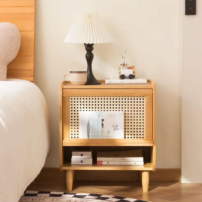 Solid wood bedside table Nordic rattan locker simple bedroom bedside drawer storage cabinet sofa side cabinet Oasis Select