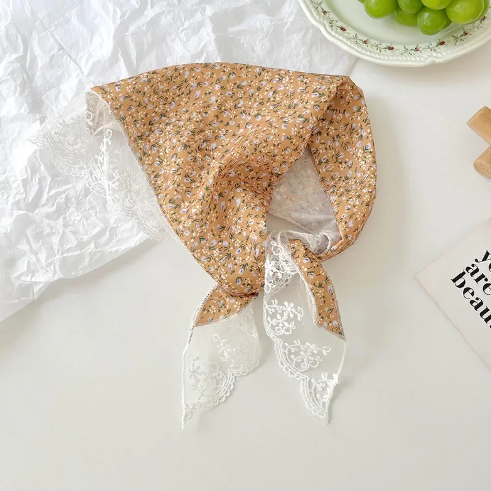 New French Style Triangle Scarf Small Flowers Fabric Turban Bandana Hair Accessories Lace Hair Bands for Spring Summer Oasis Select I