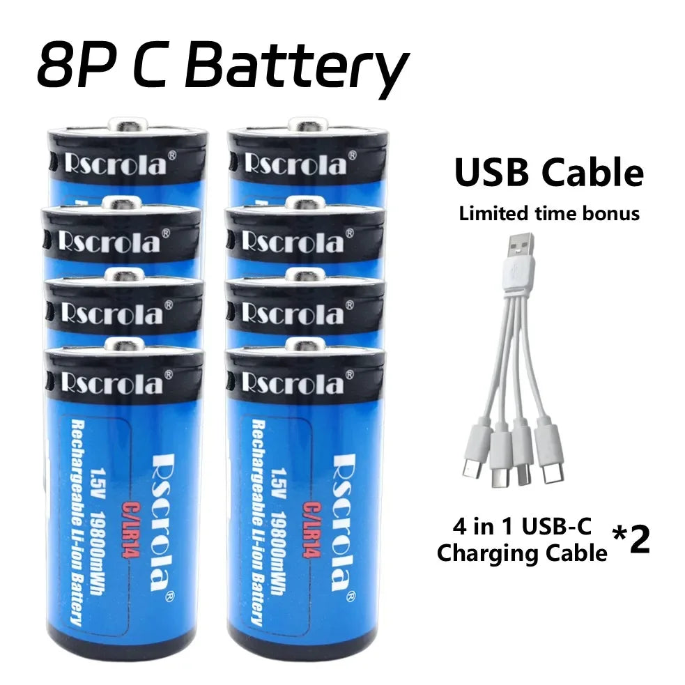 USB-C Rechargeable C Batteries, 19800mWh 1.5V C Batteries, Fast Charging 2 Hours, Replace LR14 Battery for Speakers & Doorbells Oasis Select 8P C Battery