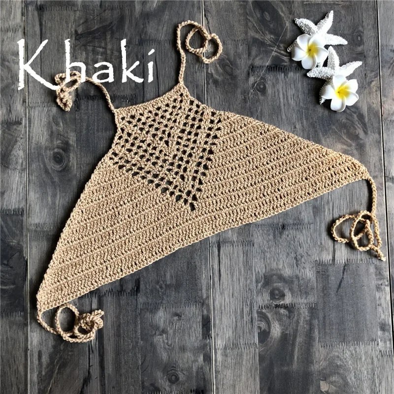 Hand Crochet Bikini Womens Sexy Beach Handmade Crochet Wrap Neck Bikini Bra Swimwear Swimwear Beachwear Womens Tops Oasis Select Kahki One Size