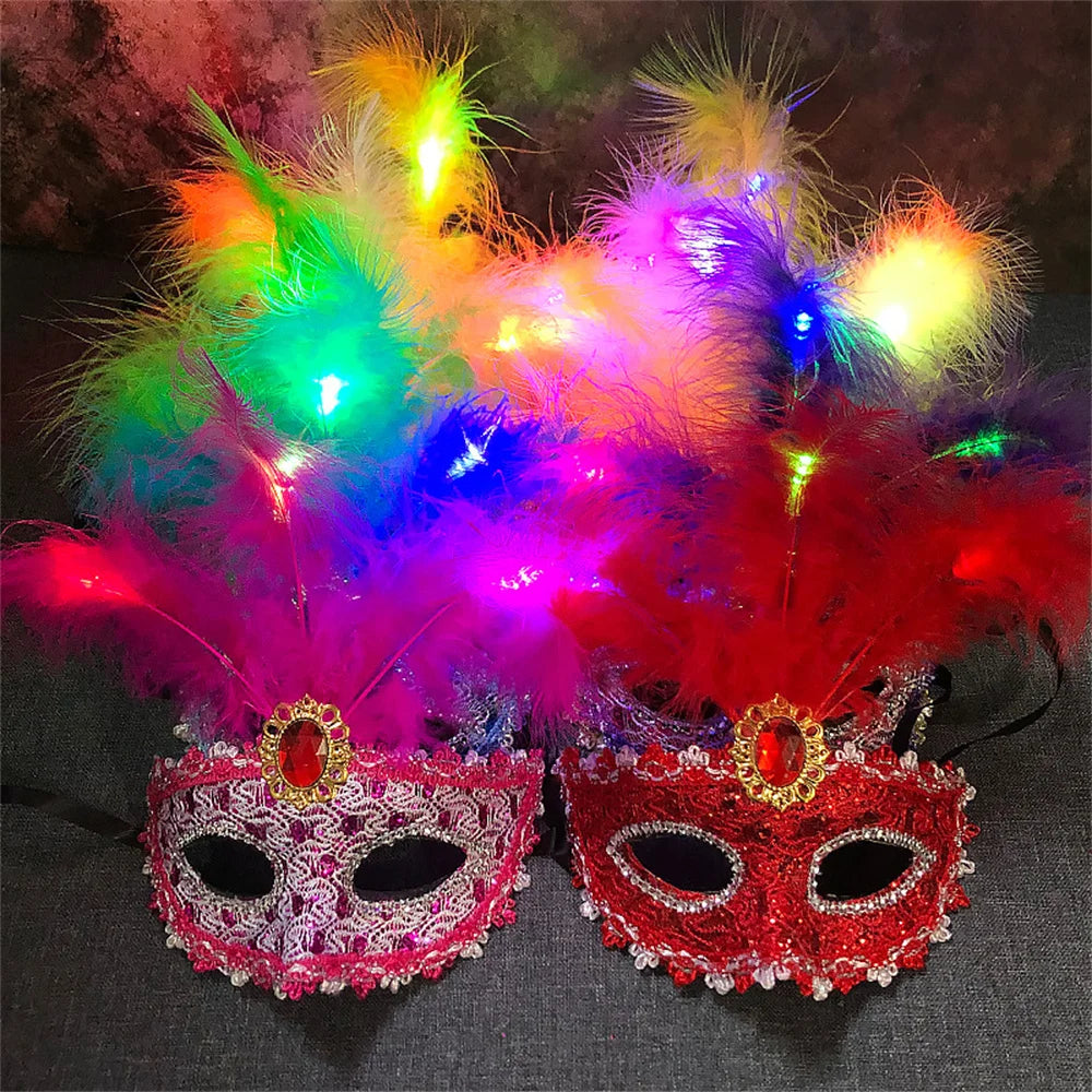 Women LED Party Mask Masquerade Luxury Peacock Feathers Half Face Mask Cosplay Costume Venetian Mask Oasis Select