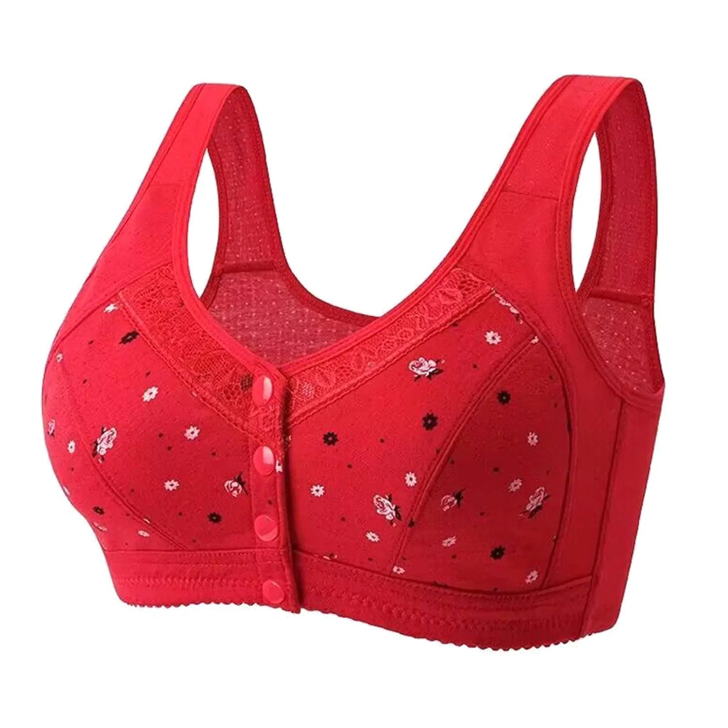 Plus Size Flower Print Wire Free No Pads Nursing Bra Mid-aged Mom Open Front Vest Brassiere Lingerie Cotton Bralette Underwear Oasis Select Red 50
