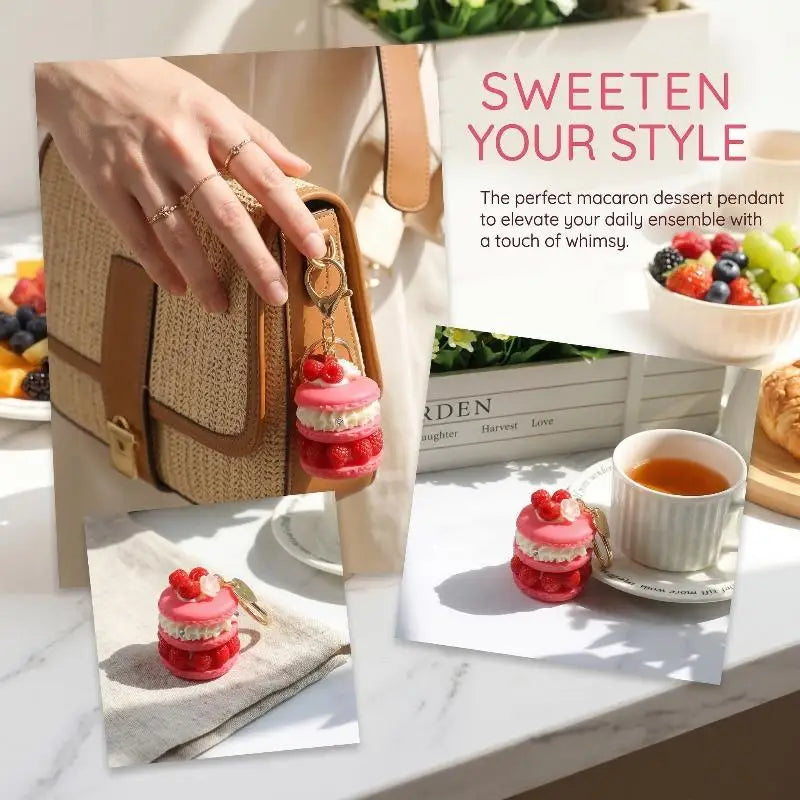 Fruit Macaron Cake Keychain Realistic Dessert Pendant Cute Fun Bag Accessories for Girls Key Ring Holder School Bag Charm Oasis Select