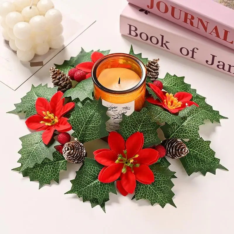 Christmas Candlestick Wreath Artificial Flowers Candle Ring Xmas New Year Table Decoration Candle Holder Garland Oasis Select
