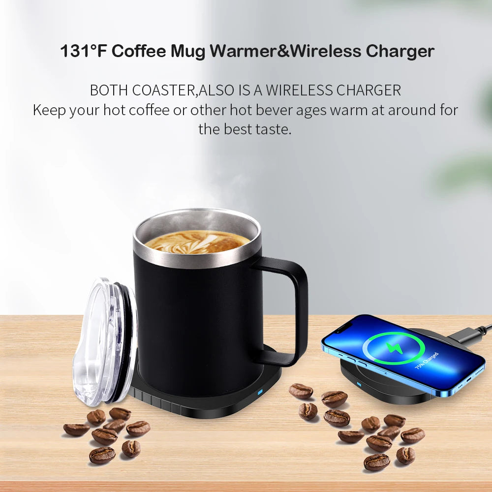 2 IN 1 Coffee Mug Warmer and Wireless Charger with Cup and Lid 55℃/131℉ Intelligent Constant Temperature 10.5oz Oasis Select
