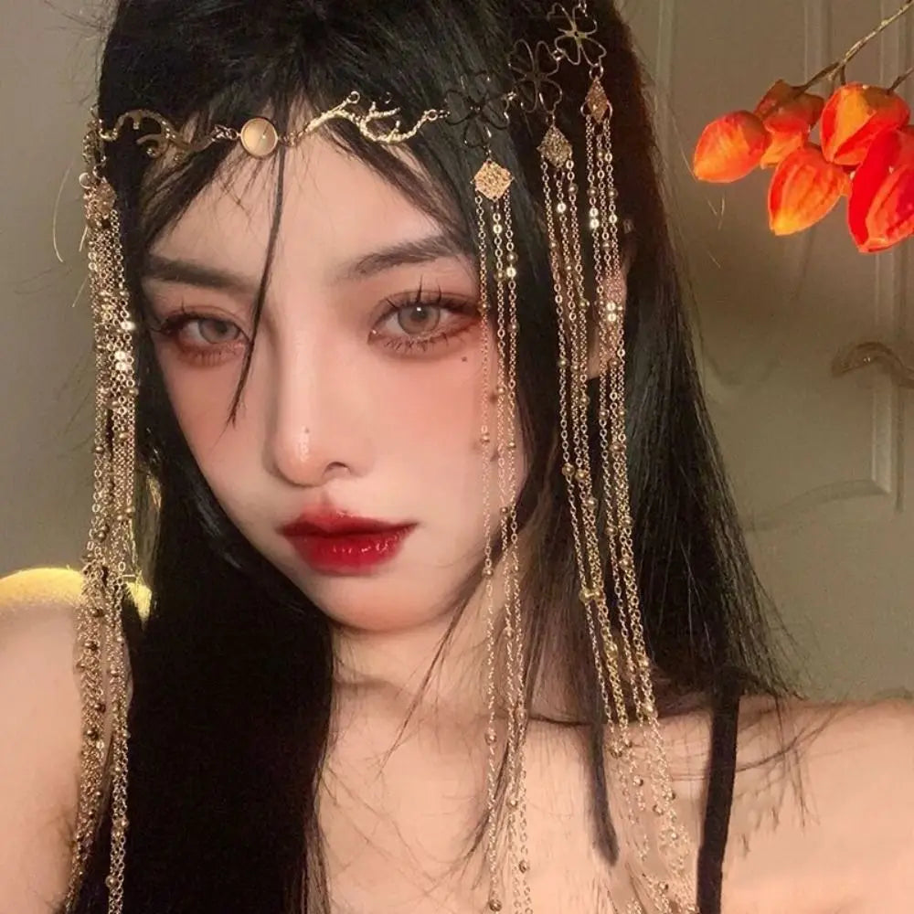 Women Accessory Crystal Water Drop Tassel Head Chain Long Tassel Golden Eyebrow Center Pendant Vintage Forehead Ornament Wedding Oasis Select