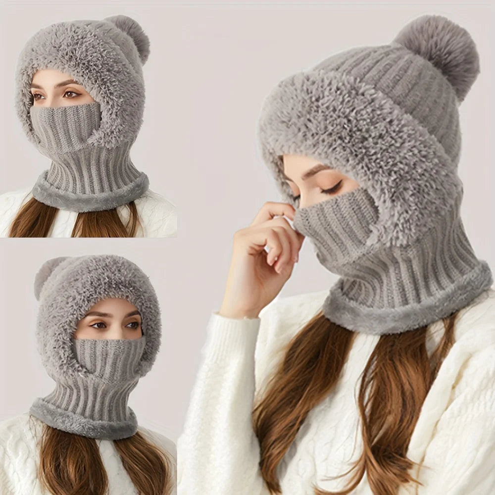 Thickened Knitted Hat Scarf Mask One-Piece, Winter Warm Hat for Women, Full Face Protection Windproof Balaclava Cap Oasis Select GRAY