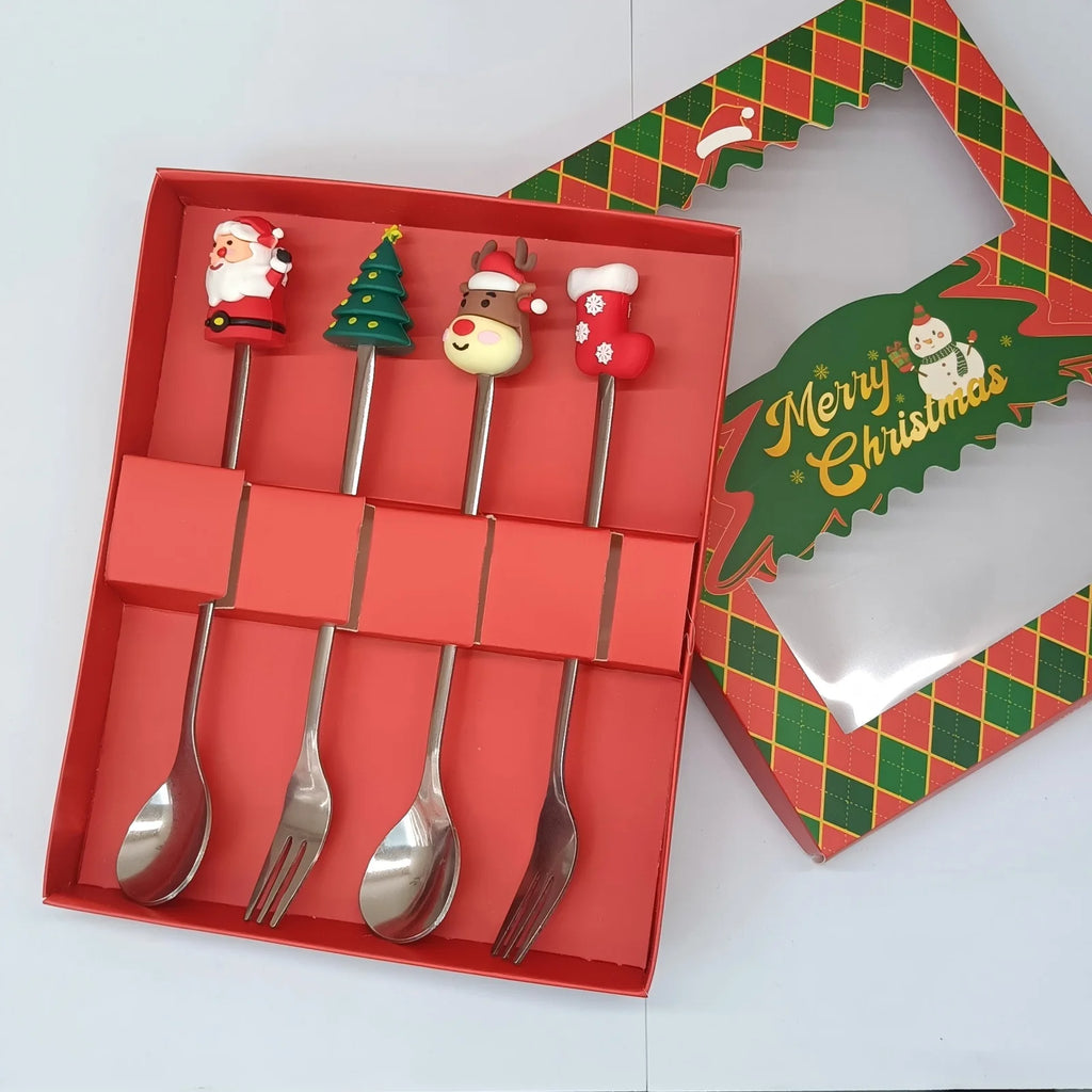 Christmas Stainless Steel Spoon & Fork Cutlery Gift Set – 4 Pc Holiday Cutlery Set Oasis Select Silver