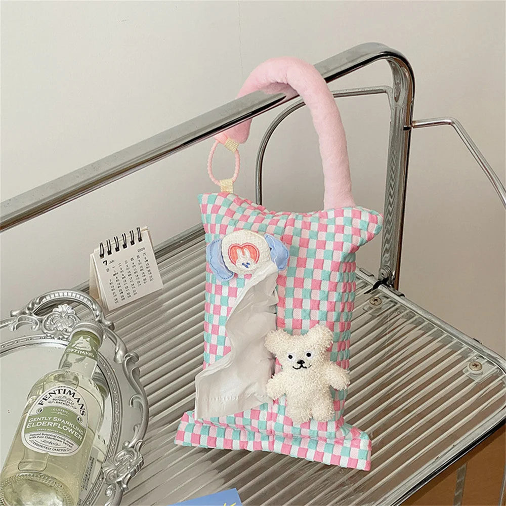 Pink Plaid Fabric Tissue Box Portable Hanging Tissue Case Living Room Container Home Car Towel Napkin Holder Home Decoration Oasis Select