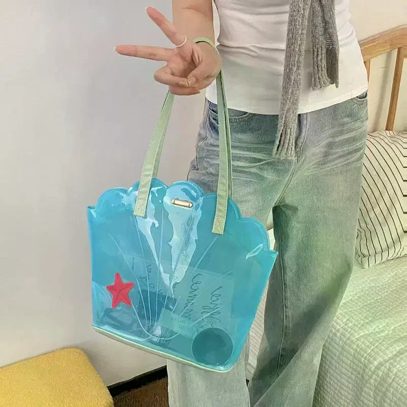 Korean Fashion PVC Shell Shoulder Bag Ins Style Girly Blue Transparent Handbag Female Waterproof Portable Tote Bags Oasis Select