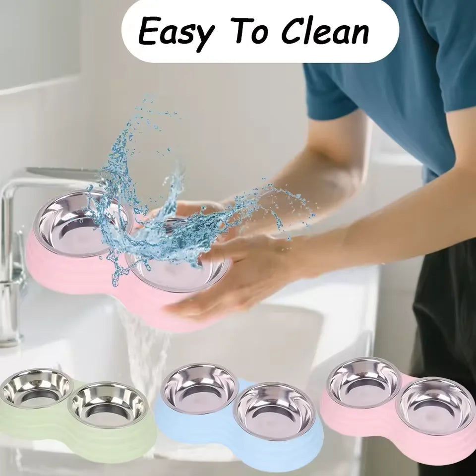 PP Material Pet Feeding Bowl Stainless Steel Large Capacity Dog and Cat Drinking Water and Eating Double Bowl Non-Slip Feeding Oasis Select