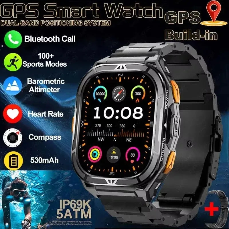 GPS Smart Watch 1.96" AMOLED Bluetooth Call 5ATM Compass
