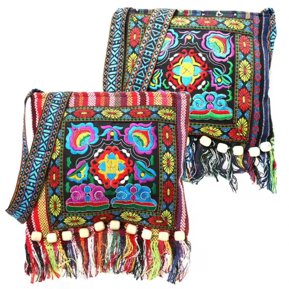 Ethnic Embroidered Linen Crossbody Bag | Tassel Bead Shoulder
