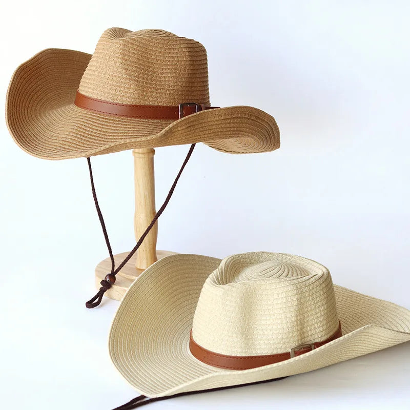 Foldable Unisex Wide Brim Straw Cowboy Hat, Sun Protection Western Cowgirl/Cowboy Hat, Summer Beach Sun Hat With Wind Lanyard Oasis Select