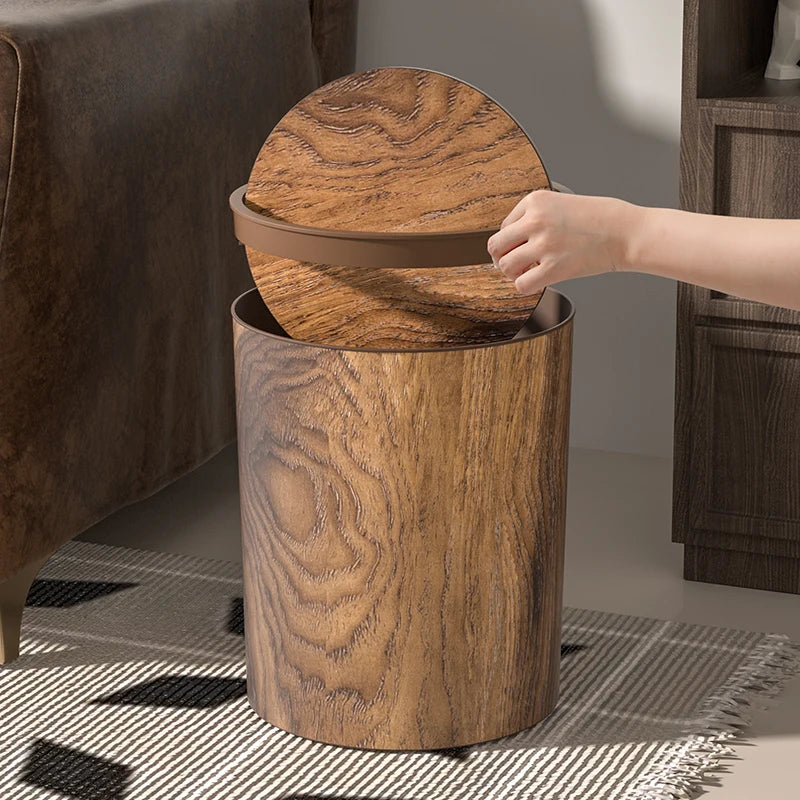 Retro imitation wood grain trash can household new large capacity living room kitchen office creative Chinese paper basket Oasis Select