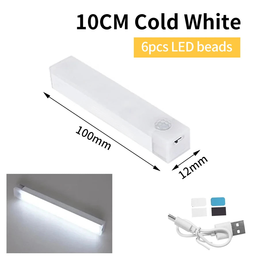 USB Rechargeabl LED Night Light PIR Motion Sensor Under Cabinet Lamp For Bedroom Wardrobe Hallway Staircase Bar Lighting Oasis Select 10CM White