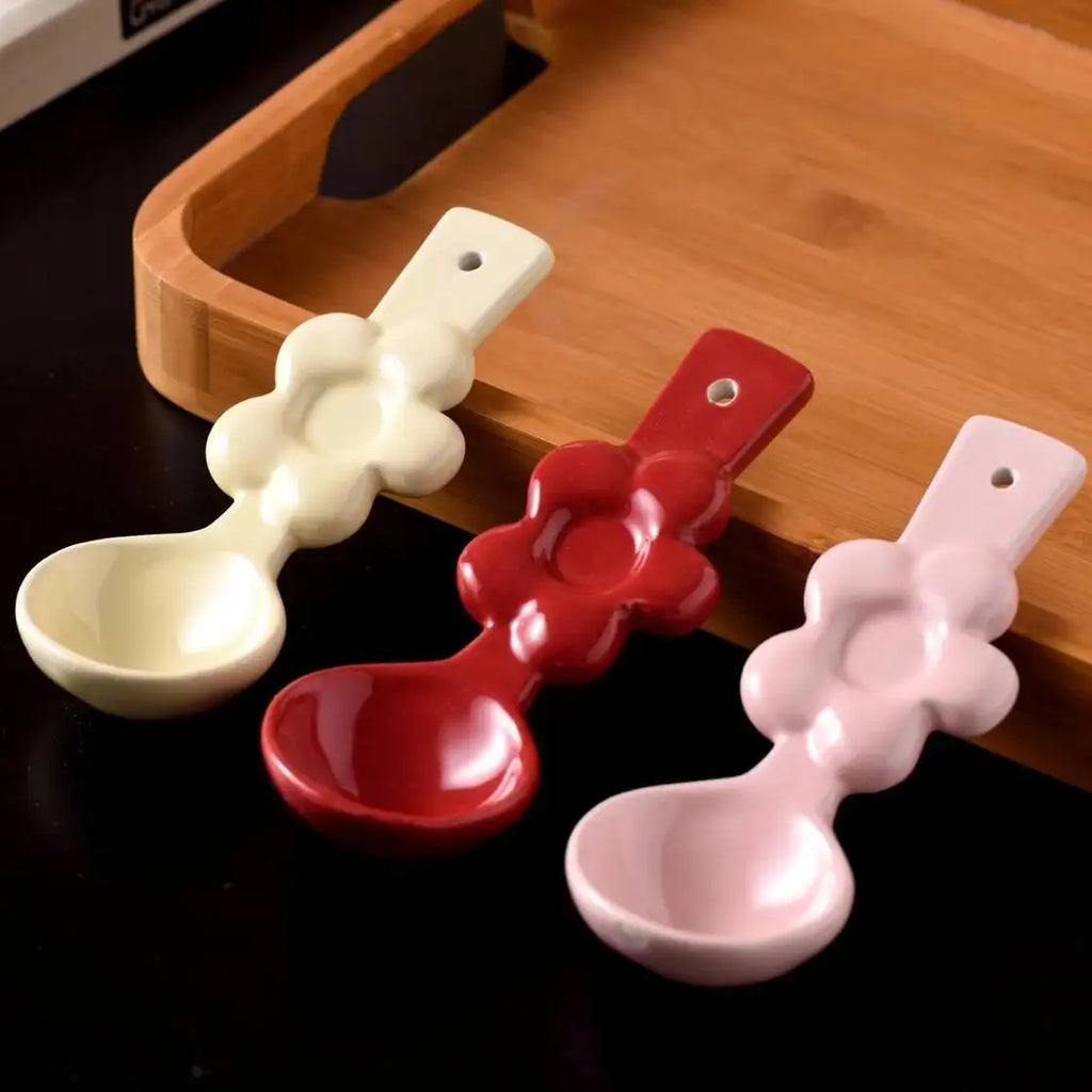 Ceramic Flower Spoon Coffee Spoon Milk Dessert Spoon Long Handle Soup Spoon Internet Celebrity High-Value Kitchen Tablewear Oasis Select