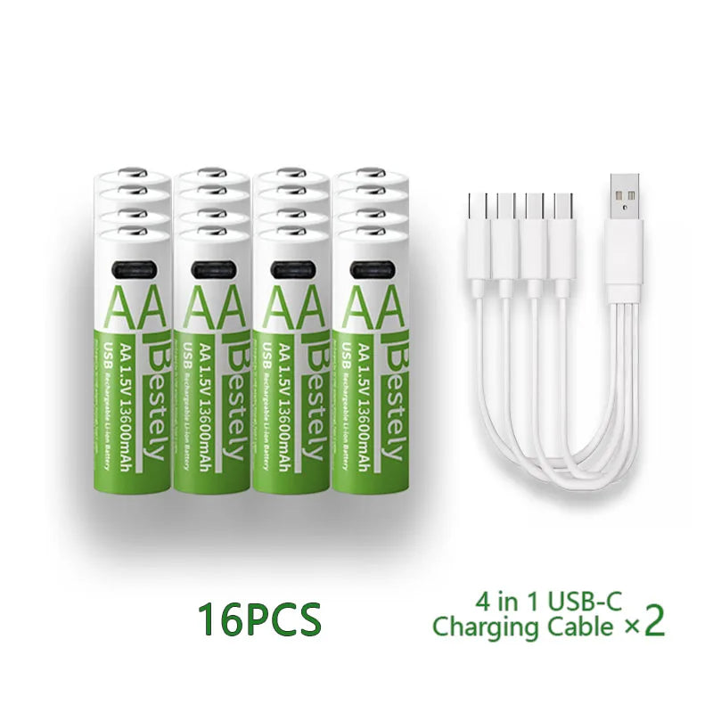 New 1.5V AA13600mAh/AAA8000mAh USB Type-C Rechargeable Lithium Battery for Mouse， Cameras, Electric Toothbrushes, Shavers Oasis Select 16 AA13600 1.5V