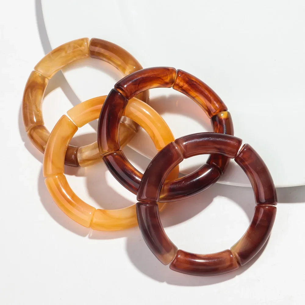 Fashion Acrylic 4PCS/Set Resin Amber Bamboo Bead Elastic Bracelet Bangles Tube Beads Handmake 2024 Trendy Designer Bracelet Set Oasis Select