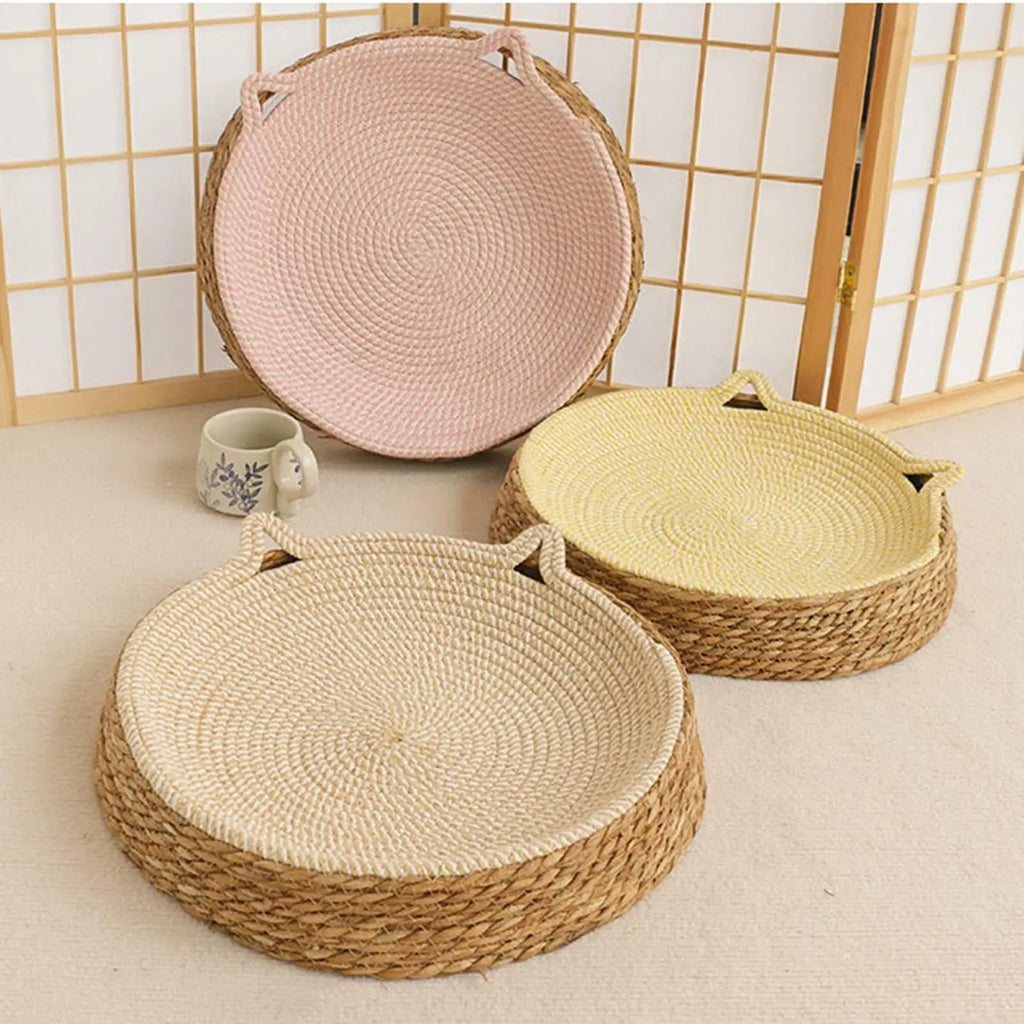 Round Cat Scratcher Breathable Pad Kitten Ear Design Cotton Rope Woven Cat Bed for Play Exercise Enrichment Paws Care Activity Oasis Select
