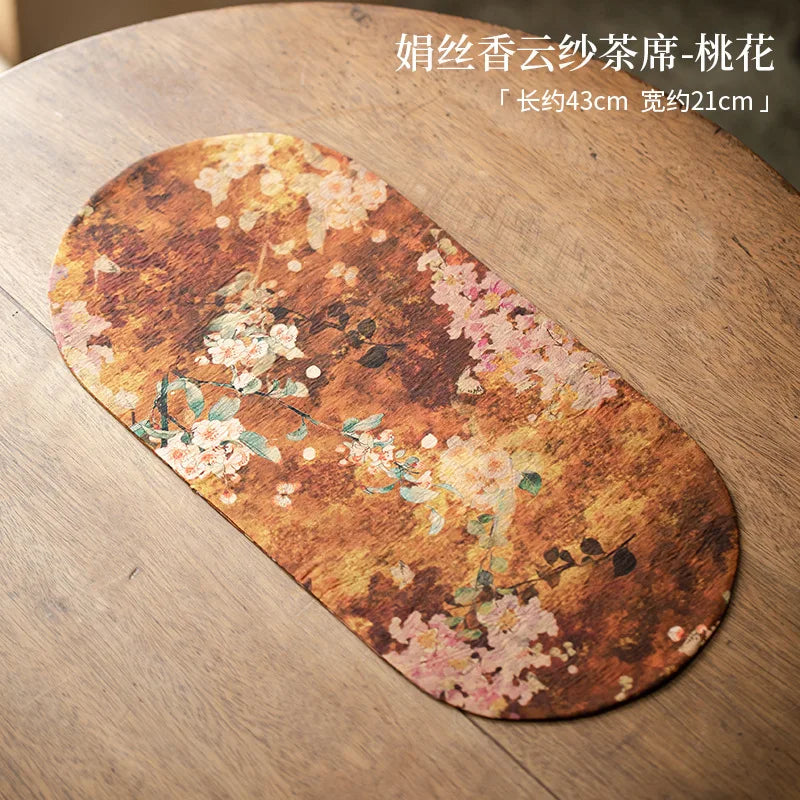 Double-sided Silk Fragrant Cloud Yarn Tea Mat Chinese Style Tea Table Heat Insulation Waterproof Mat Chinese Zen Dry Foam Mat Oasis Select Mat - Peach Blossom