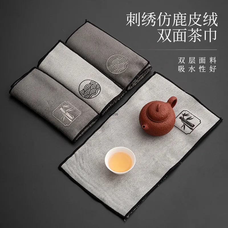Embroidered Imitation Deer Skin Velvet Double-sided Tea Towel Zen Minimalist Tea Cloth Tea Mat Teapot Care Towel Kung Fu Tea Set Oasis Select