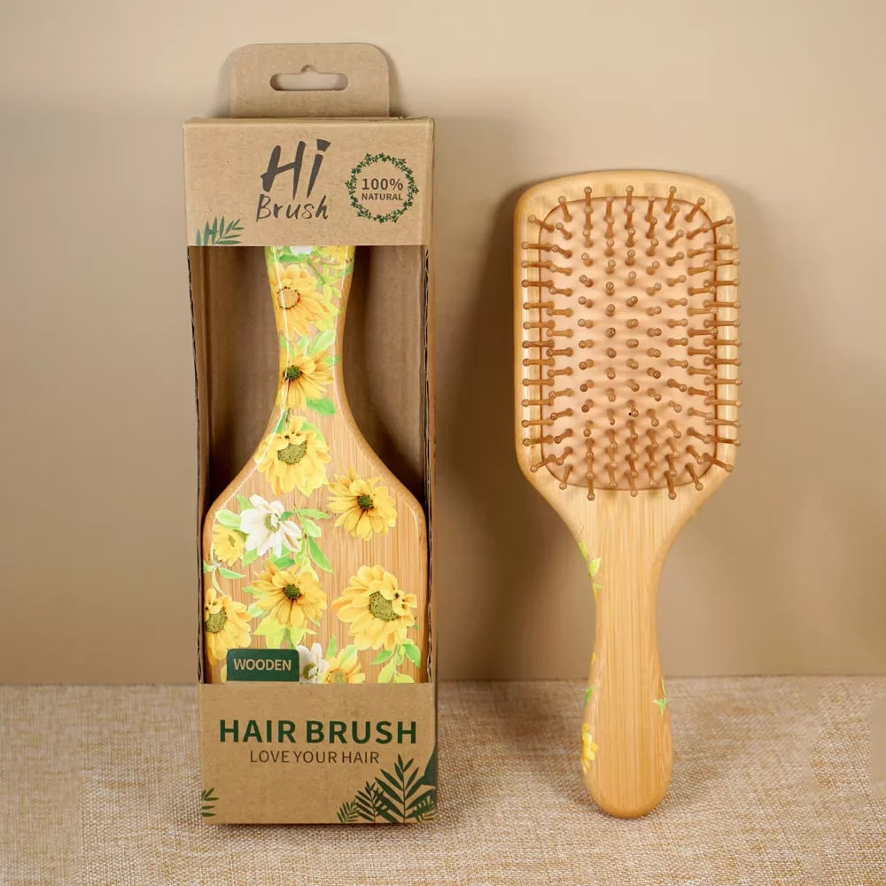 Sunflower Bamboo Air Cushion Hair Brush - Natural Wooden Massage Comb for Hair Care Anti-Static Detangling Styling Gift Oasis Select