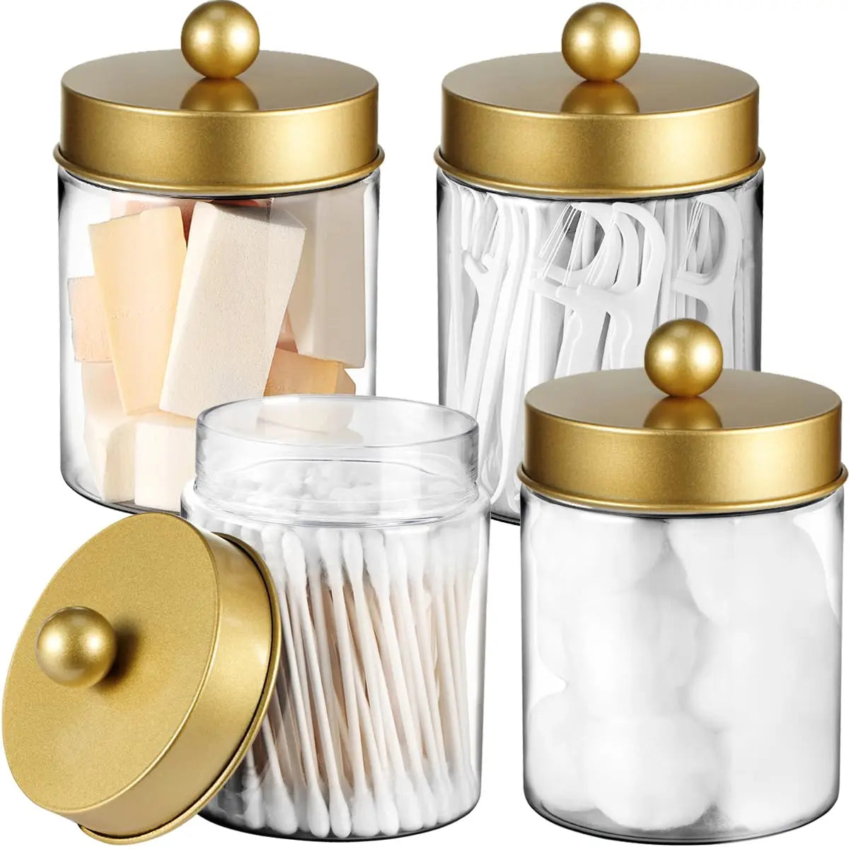 4 Piece/1 Piece Apothecary Jar Bathroom Vanity Organizer - Organizer Set Countertop Jar with Lid, Cotton Swabs, Makeup Sponge Oasis Select Gold 4pcs