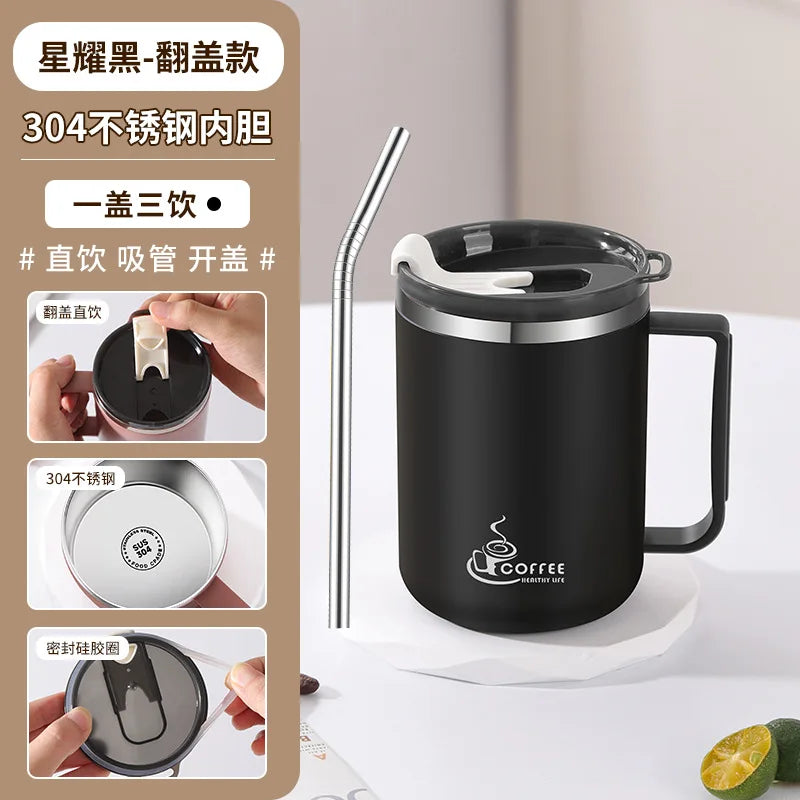 304 Stainless Steel Mug with Lid & Straw, Double-Layered, Suitable for Milk and Coffee, Office Cup with Handle, and Tea Infuser Oasis Select Black 430ml