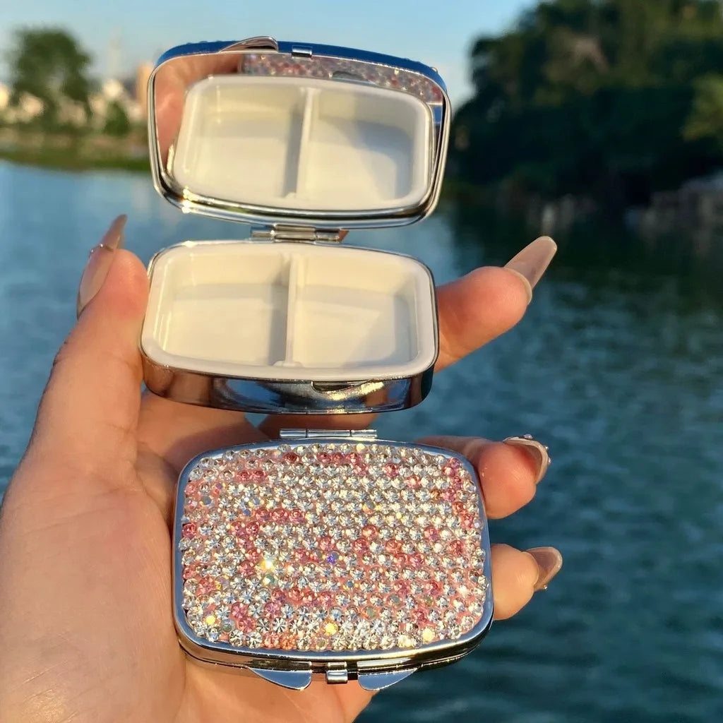 Rhinestone Pill Box with Mirror – 1, 2 or 4 Compartments