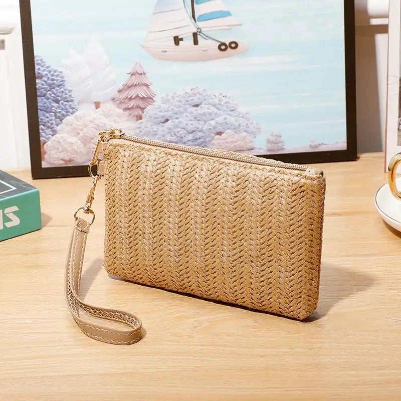 Weaving Bag Fashion Ladies Wristlet Clutch Women Daily Money Phone Clutch Solid Straw Woven Coin Purse Beach Wallet Card Holder Oasis Select Coffee