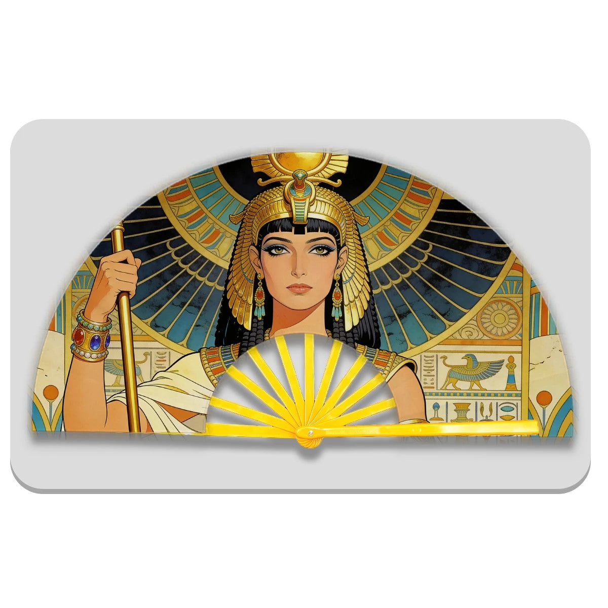 13" Egyptian Cleopatra Folding Fan - Plastic Rib Large Hand Fan for Cosplay, Ancient Egypt Party Decor & Summer Cooling Oasis Select Yellow