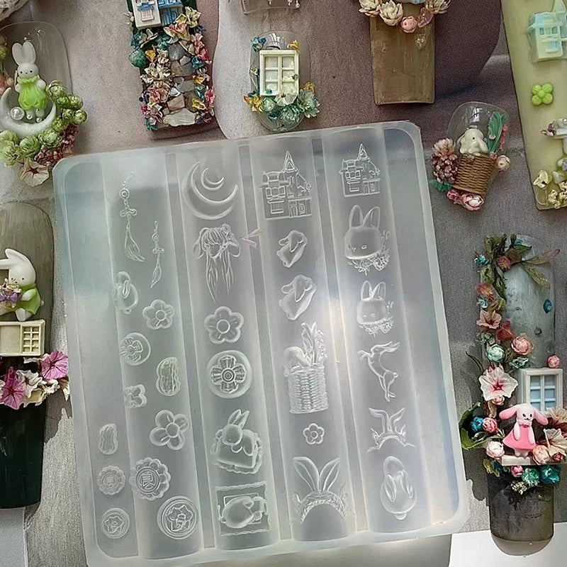 Cute Nail Mold Silicone Rabbit Paradise Moon Castle Art Elegant Oil Painting Style Nail Stereoscopic Template Mold Oasis Select
